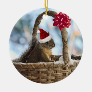 Santa Squirrel in Snow Ceramic Ornament