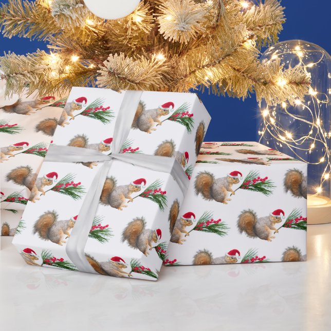 Santa Squirrel with Evergreen Swag Wrapping Paper (Holidays)