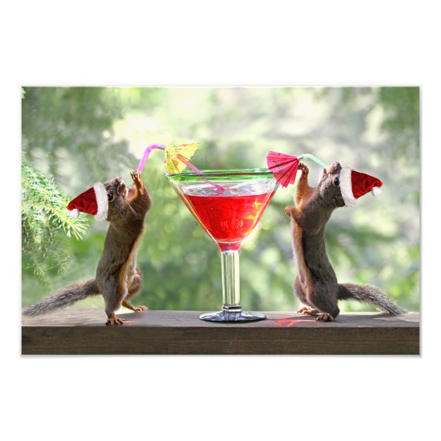 Santa Squirrels Drinking a Cocktail Photo Print (Front)
