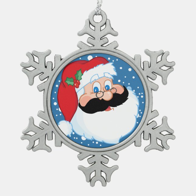 Santa Stache Snowflake Pewter Christmas Ornament (Front)