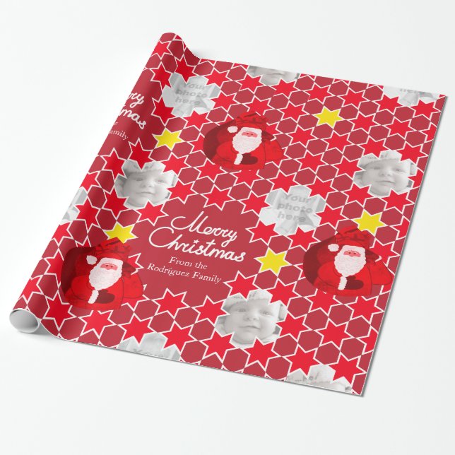 Santa Star pattern red Christmas family photo Wrapping Paper (Unrolled)