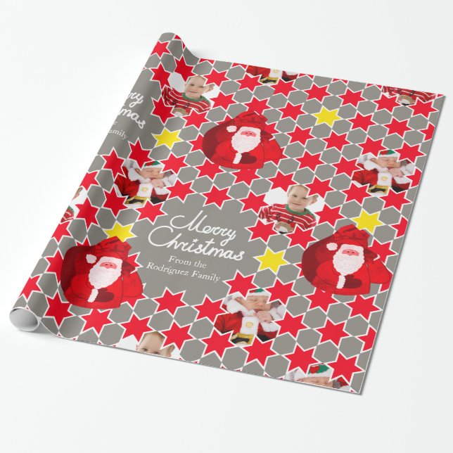 Santa Star pattern red grey Christmas family photo Wrapping Paper (Unrolled)