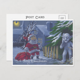 Santa startled by a snow Gnome illustrated card
