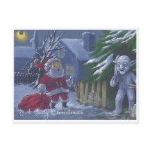 Santa startled by a snow Gnome illustrated card
