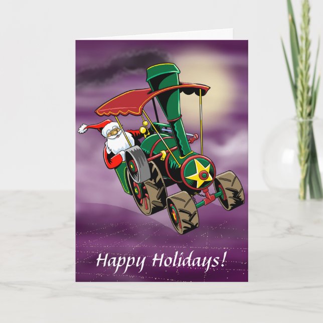 Santa steam tractor 2 holiday card (Front)