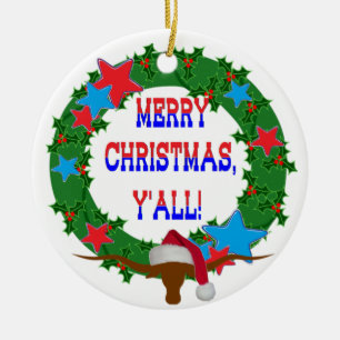 Santa Steer - Merry Christmas Y'all Ceramic Tree Decoration