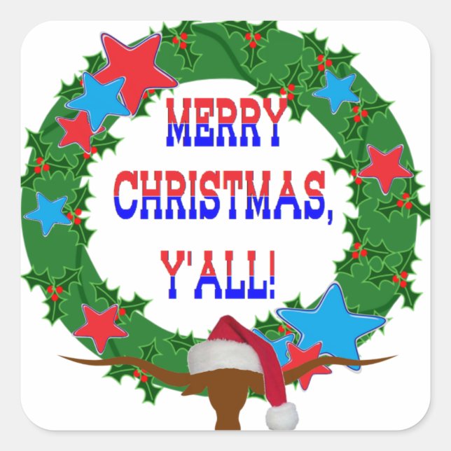 Santa Steer - Merry Christmas Y'all Square Sticker (Front)