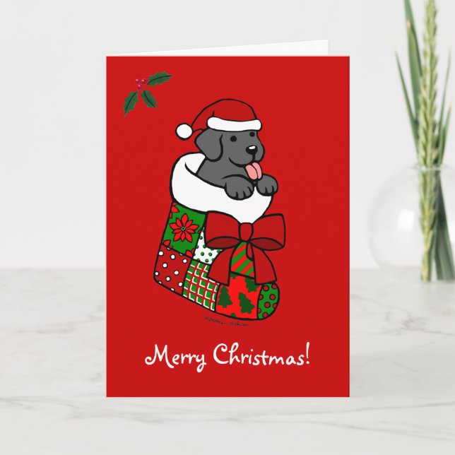 Santa Stocking Black Lab Puppy Cartoon Holiday Card (Front)