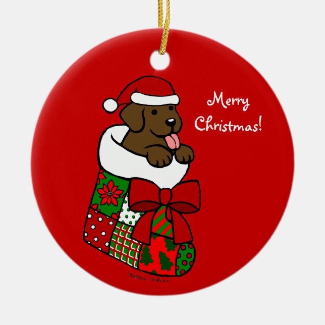 Santa Stocking Chocolate Labrador Puppy Cartoon Ceramic Ornament (Front)