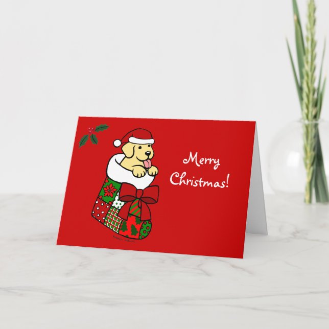 Santa Stocking Yellow Lab Puppy Cartoon Holiday Card (Front)