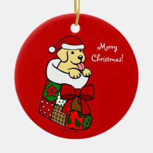 Santa Stocking Yellow Labrador Puppy Cartoon Ceramic Ornament