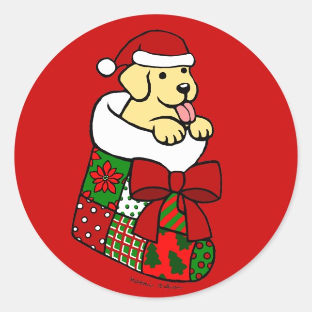 Santa Stocking Yellow Labrador Puppy Cartoon Classic Round Sticker (Front)