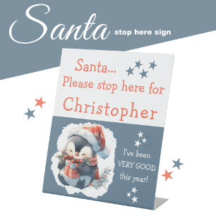 Santa stop here add name cute penguin grey pedestal sign