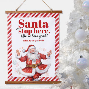 Santa Stop Here Modern Red White Stripe Christmas Hanging Tapestry