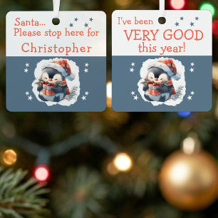 Santa stop here name cute penguin grey metal tree decoration
