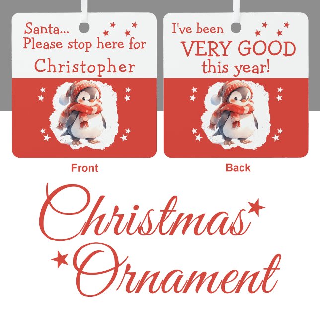 Santa stop here name cute penguin red metal tree decoration (Creator Uploaded)
