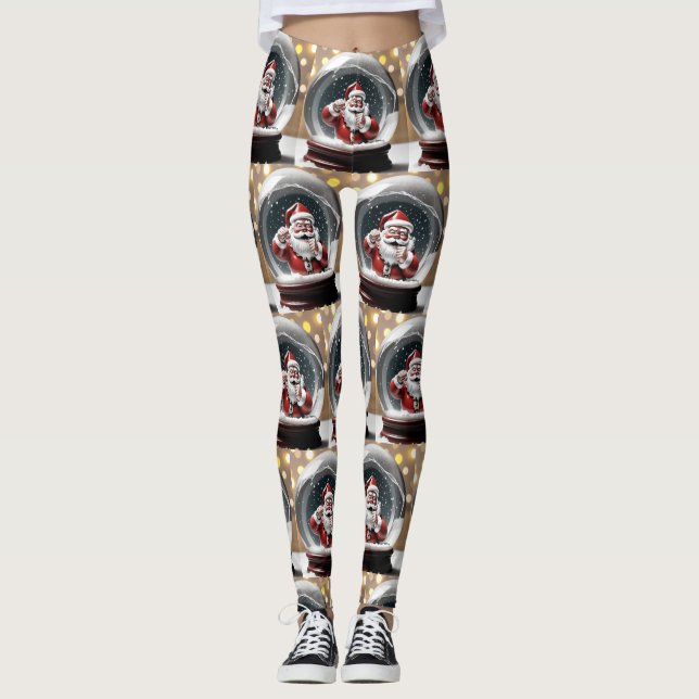 Santa stuck in a Snow Globe Funny Christmas Leggings (Front)