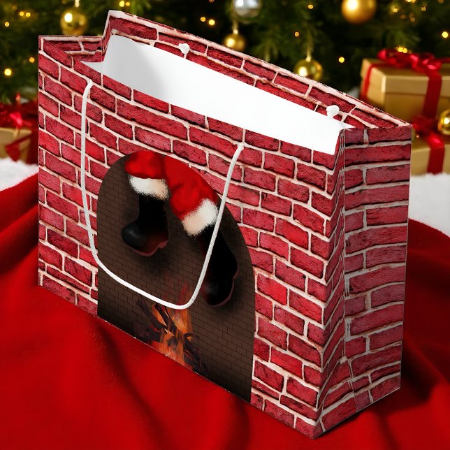 Santa Stuck in Chimney Funny Christmas  Large Gift Bag (Funny Christmas gift bag with Santa stuck in chimney design and festive brick fireplace print.)