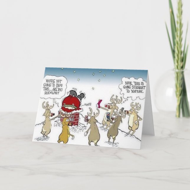 Santa Stuck in Chimney Reindeer Blogging Christmas Holiday Card (Front)