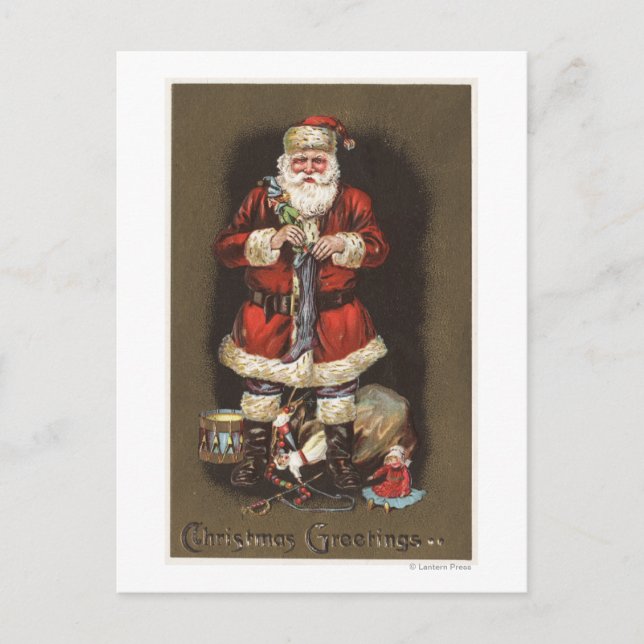 Santa Stuffing Stocking with Nutcracker Holiday Postcard (Front)