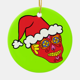 Santa Sugar Skull Ceramic Ornament