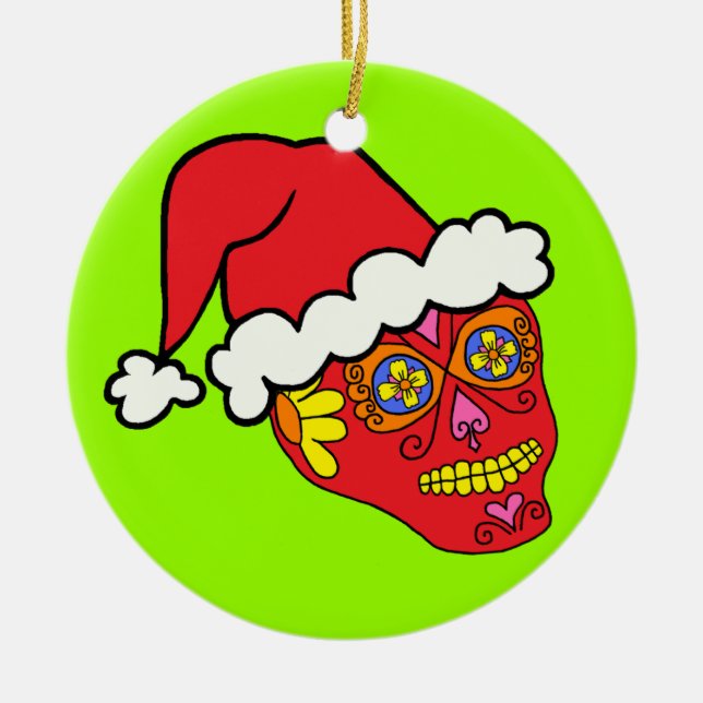 Santa Sugar Skull Ceramic Ornament (Front)