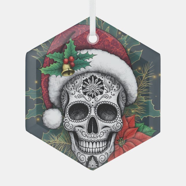 Santa Sugar Skull Glass Tree Decoration (Front)