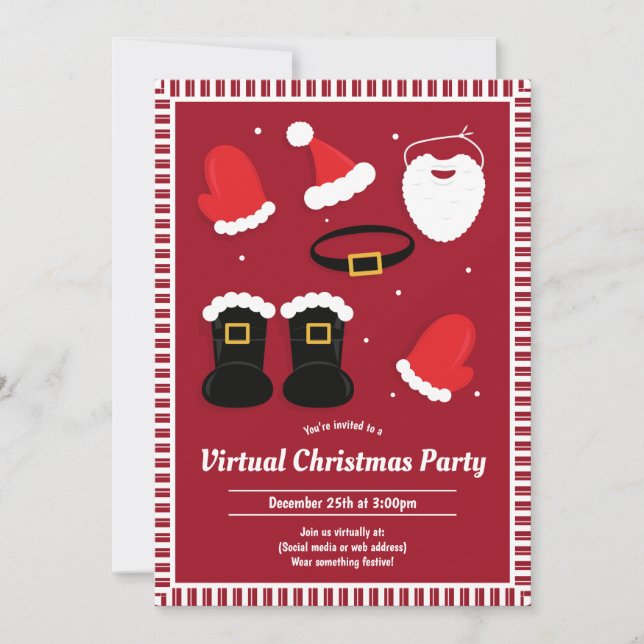 Santa Suit Pieces Red Virtual Christmas Party Invitation (Front)