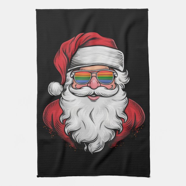 Santa Sunglasses Pride Christmas Pajama X-mas Gay Tea Towel (Vertical)