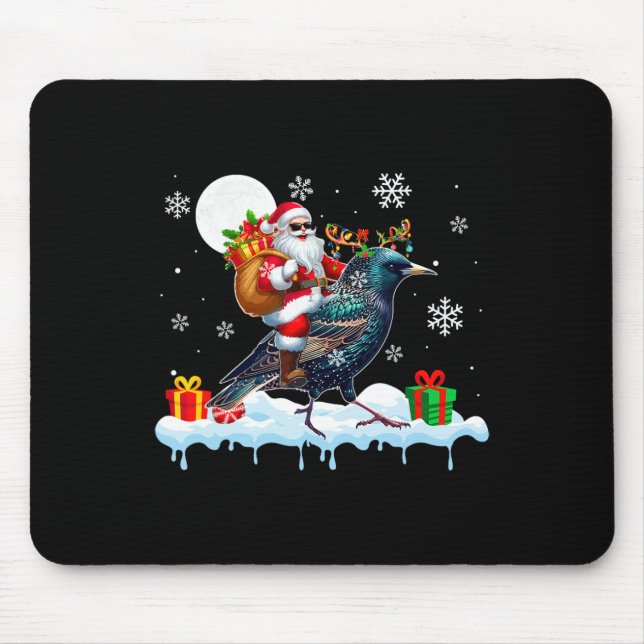 Santa Sungles Riding Reindeer Starling Bird Enthus Mouse Pad (Front)