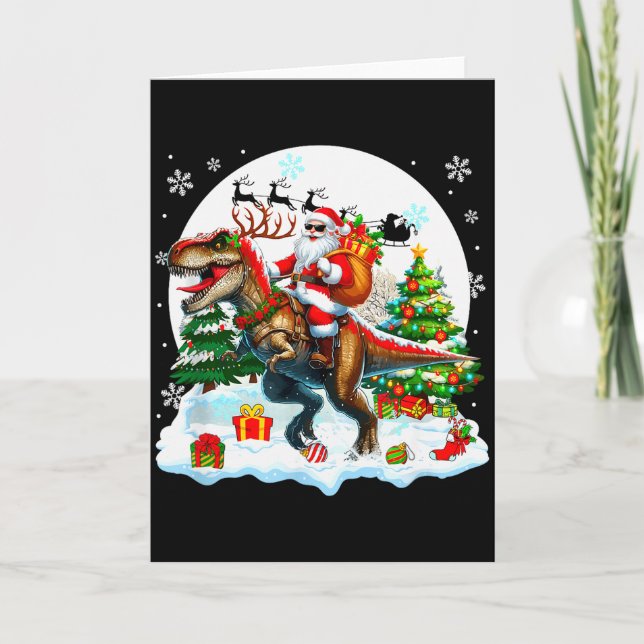 Santa Sungles Riding T-rex Reindeer Christmas Snow Card (Front)