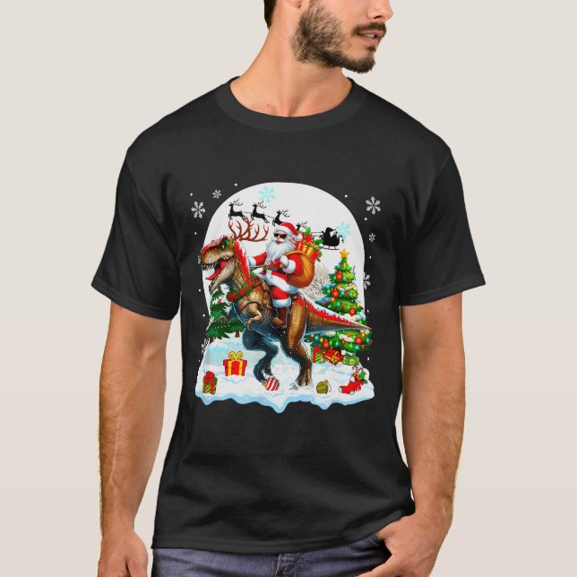 Santa Sungles Riding T-rex Reindeer Christmas Snow T-Shirt (Front)