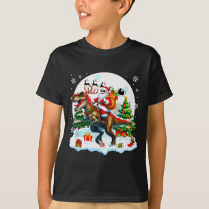 Santa Sungles Riding T-rex Reindeer Christmas Snow T-Shirt
