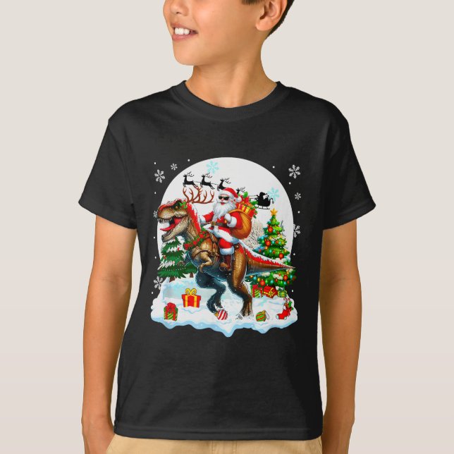 Santa Sungles Riding T-rex Reindeer Christmas Snow T-Shirt (Front)