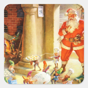 Santa Supervise Elves Baking Christmas Cookies Square Sticker