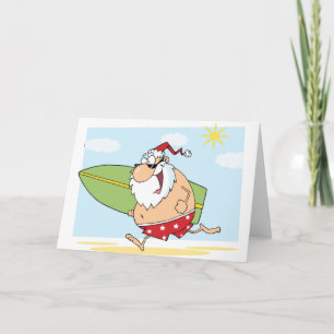 Santa-Surfer-On-The-Beach Holiday Card
