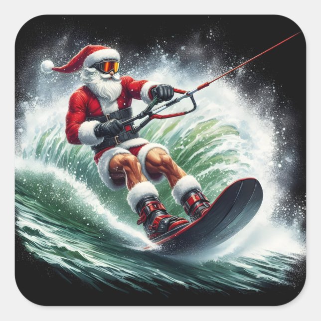 Santa Surfing at Sunset Square Sticker (Front)