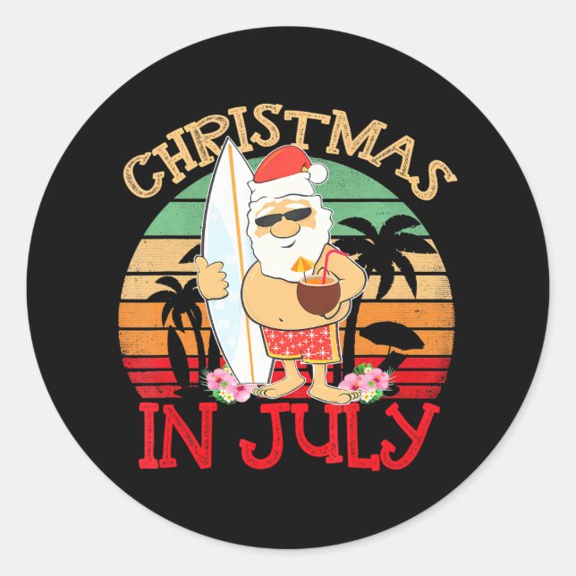 Santa Surfing Christmas in July Hawaiian Summer Classic Round Sticker (Front)
