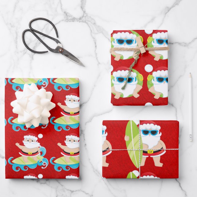 Santa surfing cool shades on red Christmas gift  Wrapping Paper Sheet (Front)