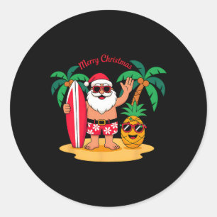 Santa Surfing Hawaiian Beach Christmas In July Tro Classic Round Sticker