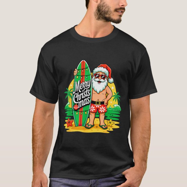 Santa Surfing Hawaiian Beach Christmas In July Tro T-Shirt (Front)