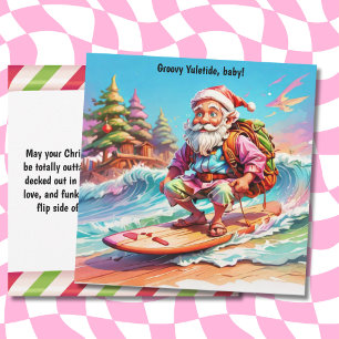 Santa surfing in the ocean psychedelic groovy holiday card