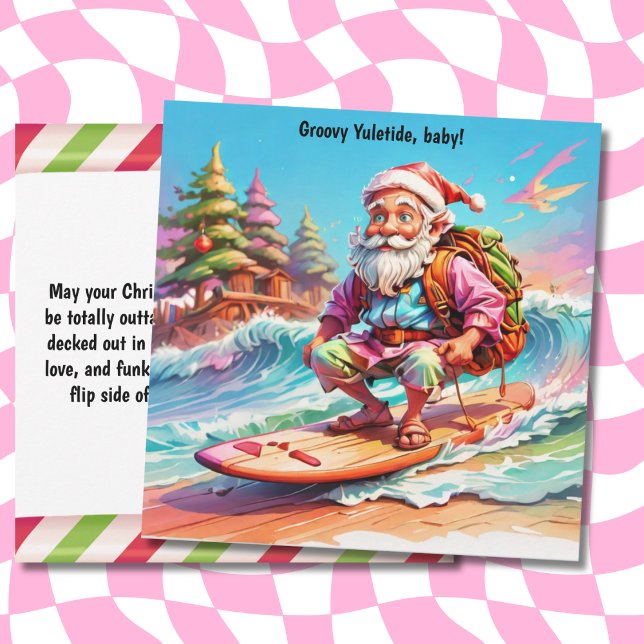Santa surfing in the ocean psychedelic groovy holiday card (Creator Uploaded)