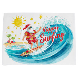 Santa Surfing on Big Wave on Christmas Holiday Large Gift Bag