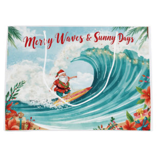 Santa Surfing on Big Wave on Christmas Holiday Large Gift Bag