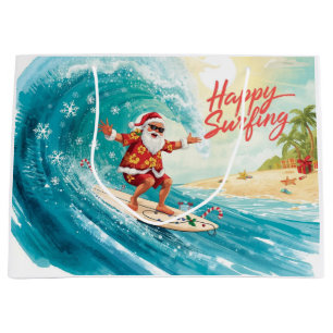 Santa Surfing on Big Wave on Christmas Holiday Large Gift Bag