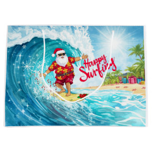 Santa Surfing on Big Wave on Christmas Holiday Large Gift Bag