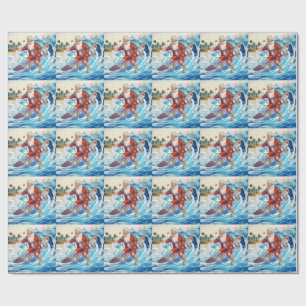 Santa surfing on big wave wrapping paper