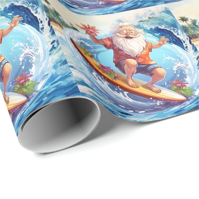 Santa surfing on big wave wrapping paper (Roll Corner)