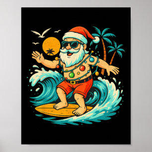 Santa Surfing Summer Beach Lights Christmas In Jul Poster